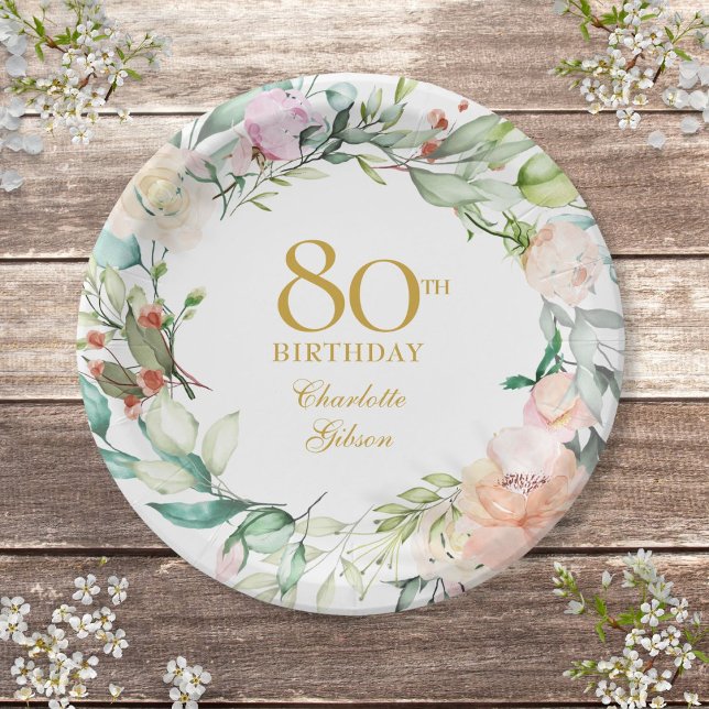 Prato De Papel Guirlanda de Rosas em Aquarela para Festa de 80 An (Watercolor Roses Garland 80th Birthday Party Paper Plates)