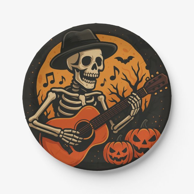 Prato De Papel Guitar-Playing Skull Halloween Paper Plate (Frente)
