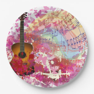 Prato De Papel Guitarra acústica e borboletas