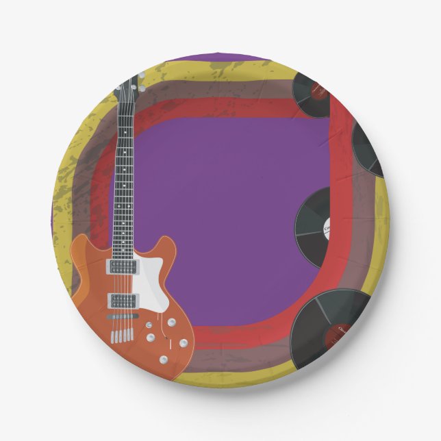 Prato De Papel Guitarra Elétrica e Discos de Vinil Música Vintage (Frente)