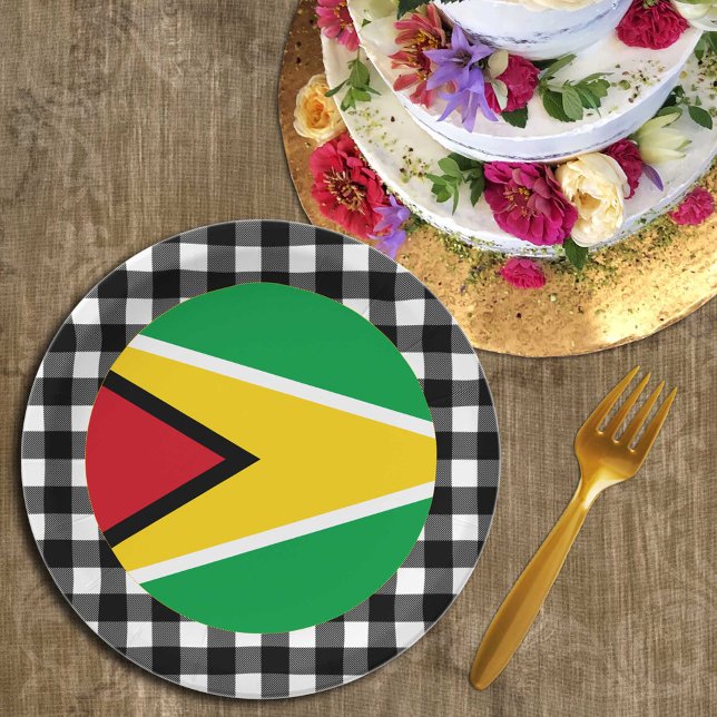 Prato De Papel Guyana Plate, xadrez de búfalos e Bandeira da Guia (Criador carregado)