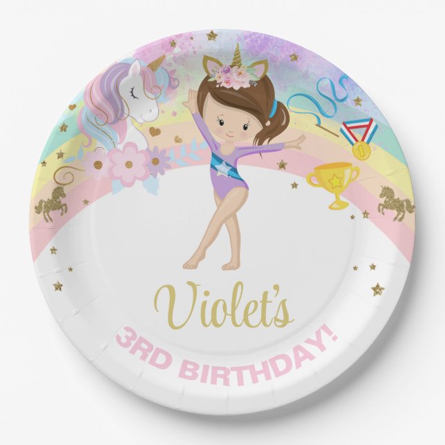 Prato De Papel Gymnastics girl & Unicorn birthday paper plates. (Frente)