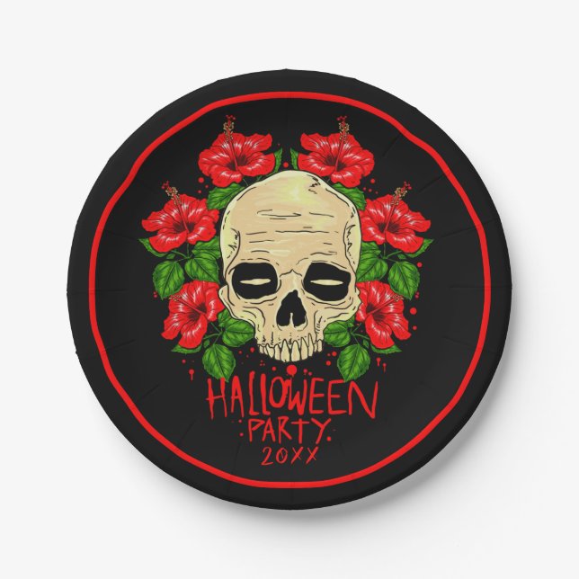 Prato De Papel Halloween 20xx Hibiscus Red Hibiscus Black 7" (Frente)