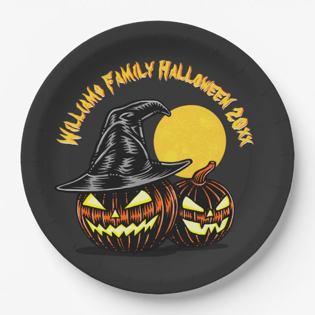 Prato De Papel Halloween Adicionar Nome da Família Ano Personaliz (Frente)