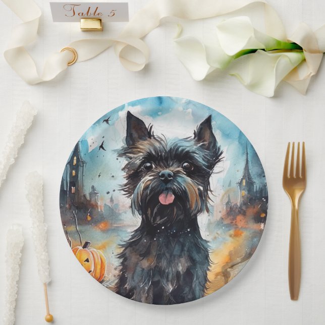 Prato De Papel Halloween Affenpinscher Com Pumpkins Assustado (Casamento)