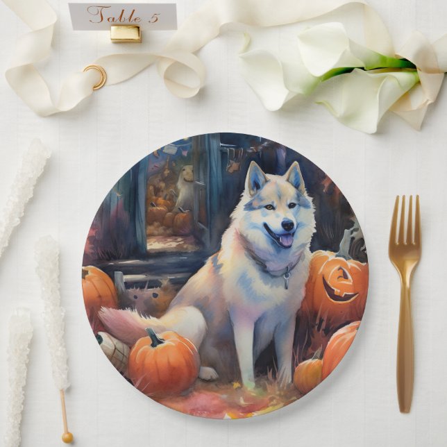 Prato De Papel Halloween Alaskan Malamute Com Pumpkins Assustado (Casamento)