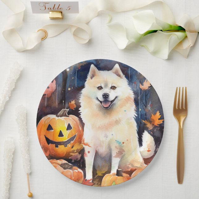 Prato De Papel Halloween American Akita Com Pumpkins Assustado (Casamento)