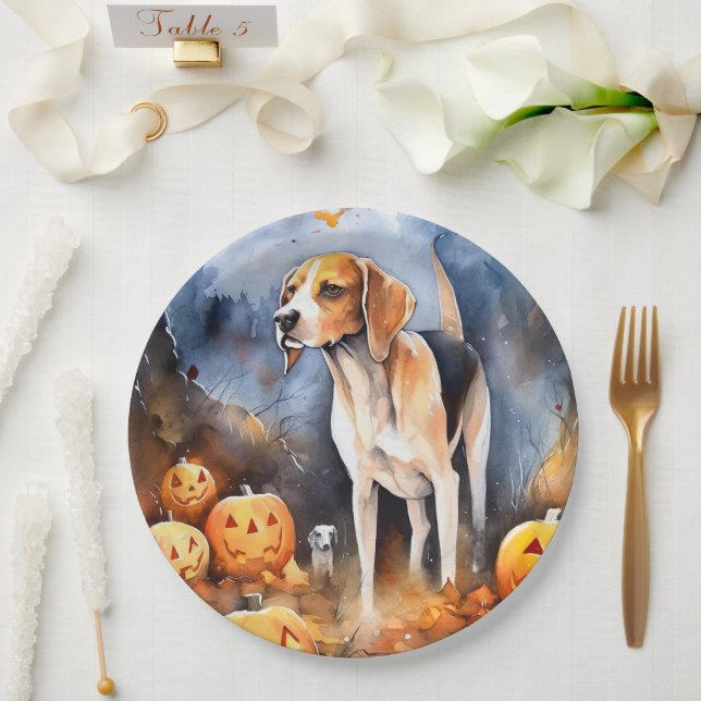 Prato De Papel Halloween American English Foxhound Com Pumpkins (Casamento)