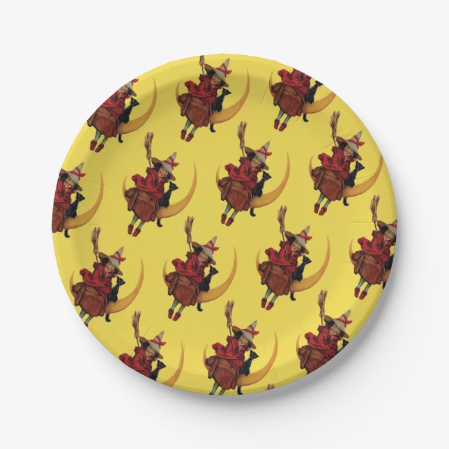 Prato De Papel Halloween antigo, bruxa com gato preto (Frente)