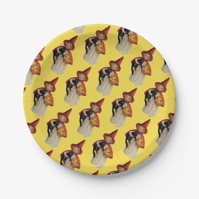 Prato De Papel Halloween antigo, bruxa com gato preto (Frente)