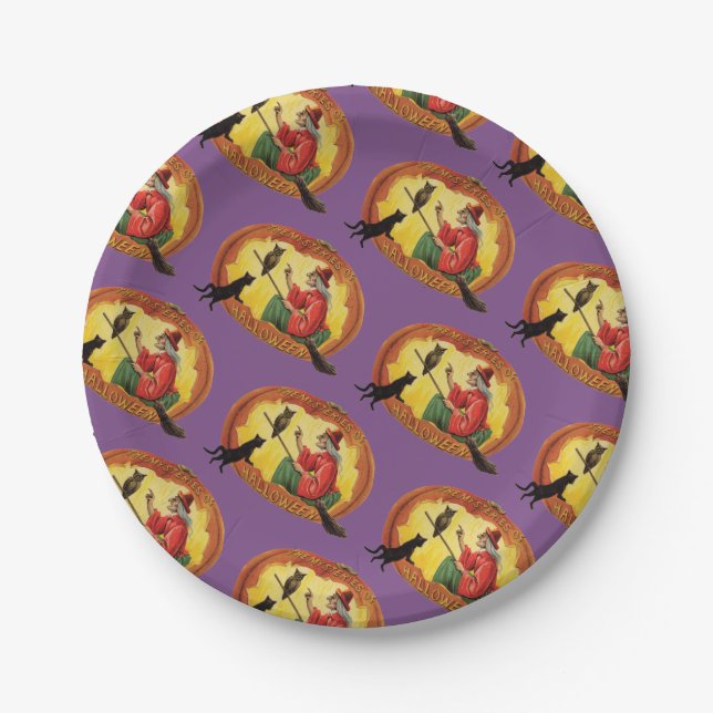 Prato De Papel Halloween antigo, Bruxa, Gato Negro e Coruja (Frente)