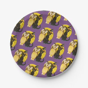 Prato De Papel Halloween antigo, gato preto e coruja