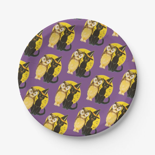 Prato De Papel Halloween antigo, gato preto e coruja (Frente)