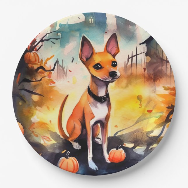 Prato De Papel Halloween Basenji Com Pumpkins Assustado (Frente)