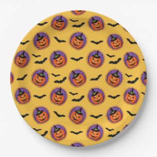 Prato De Papel Halloween Bats & Jack-O-Lanterna Amarelo
