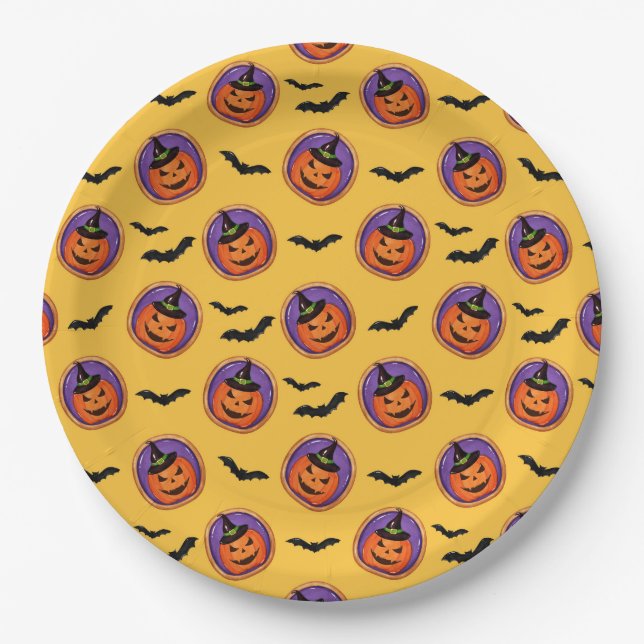 Prato De Papel Halloween Bats & Jack-O-Lanterna Amarelo (Frente)