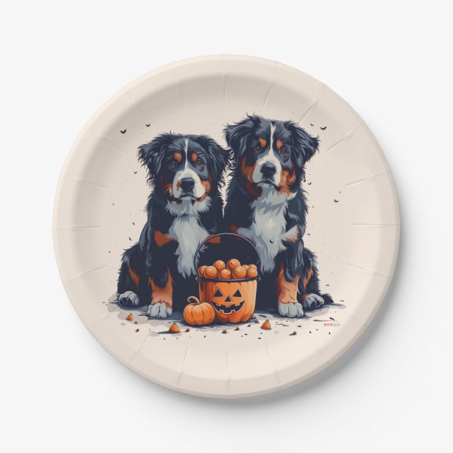 Prato De Papel Halloween Bernese Mountain Dogs Pumpkin (Frente)