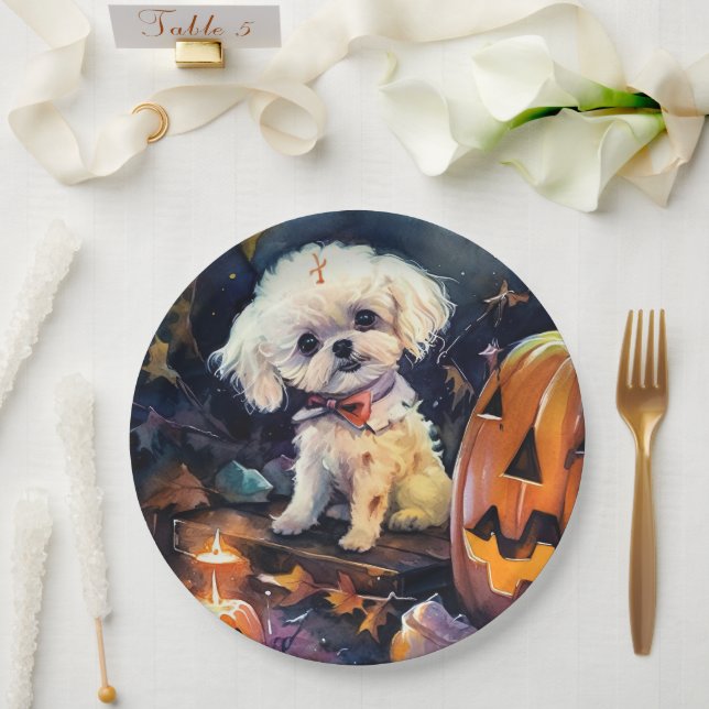 Prato De Papel Halloween Bichon Frise Com Pumpkins Assustado (Casamento)