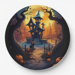 Prato De Papel Halloween/Black Cat/Witch/Wizard Croked House