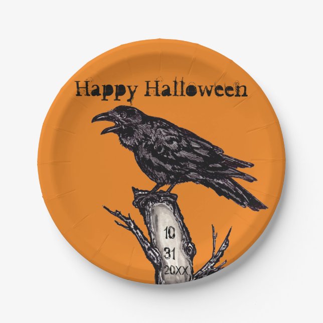 Prato De Papel Halloween Black Orange Gótica Raven Crow Date (Frente)