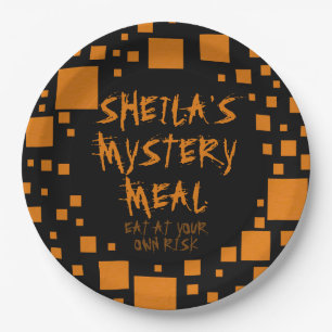 Prato De Papel Halloween Black Orange Squares Name Spooky Comida