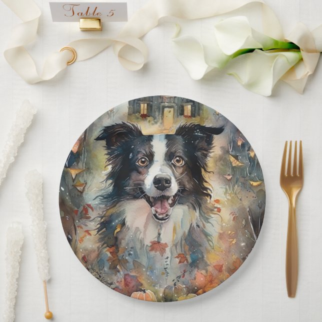 Prato De Papel Halloween Border Collie Com Pumpkins Assustado (Casamento)
