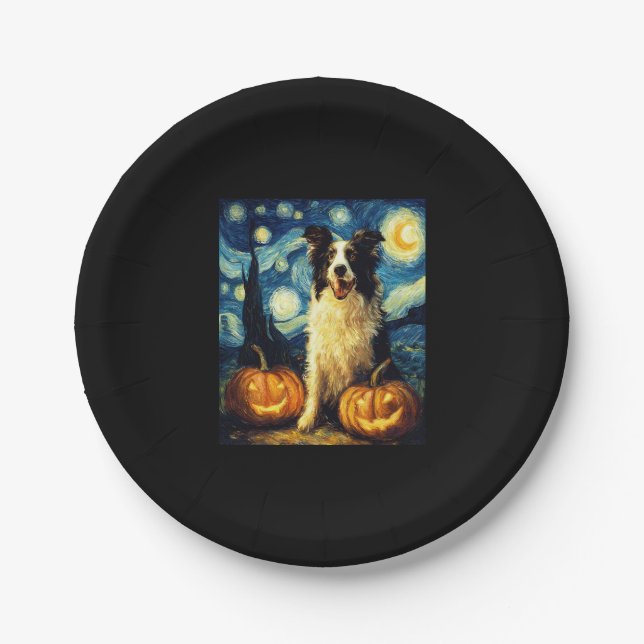 Prato De Papel Halloween Border Collie Fall Pumpkin (Frente)