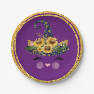 Prato De Papel Halloween, bruxa Gatinho, reluzente