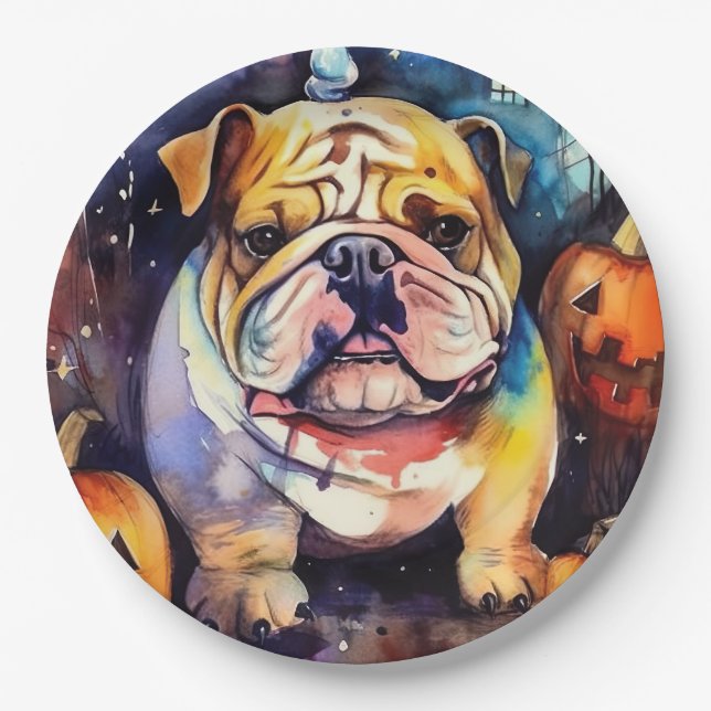 Prato De Papel Halloween Bulldog Com Pumpkins Assustado (Frente)