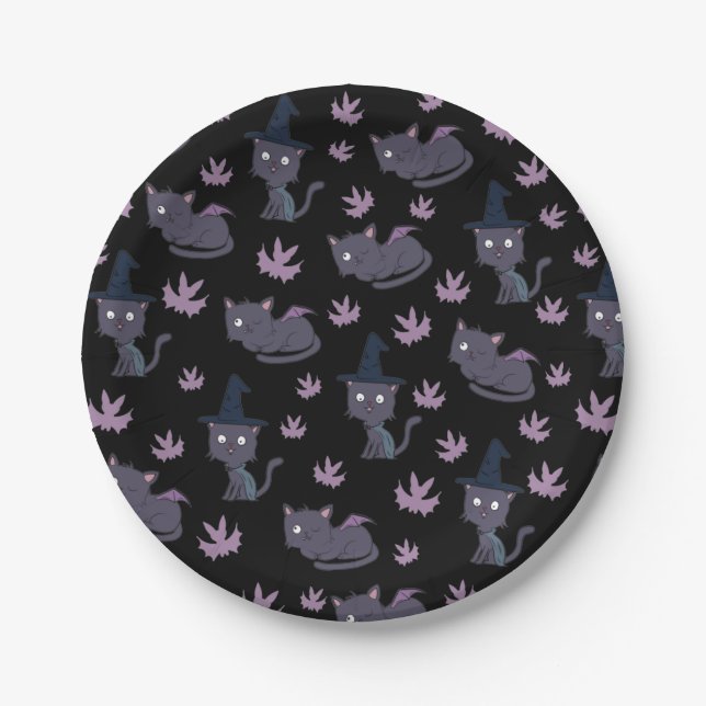 Prato De Papel Halloween Cat e Bat Patterno (Frente)