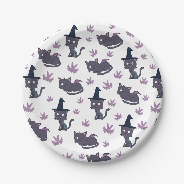 Prato De Papel Halloween Cat e Bat Patterno (Frente)