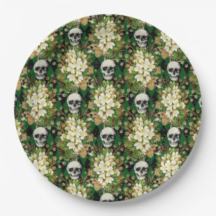 Prato De Papel Halloween Chic Floral Skull Argyle Patterno