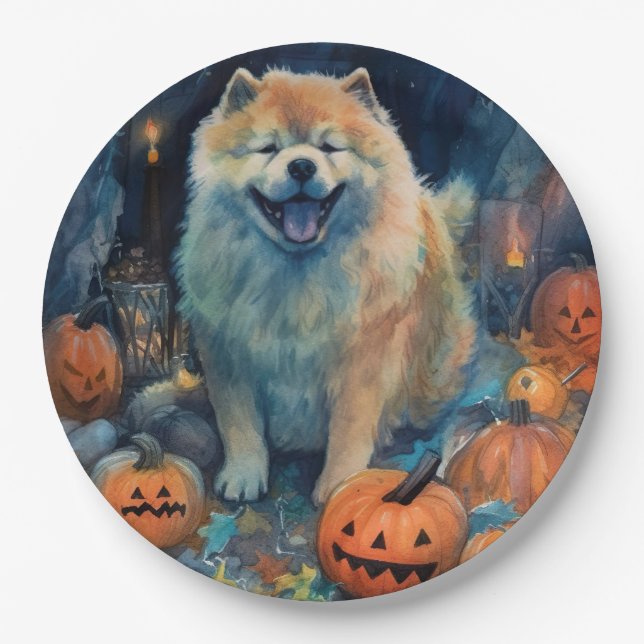 Prato De Papel Halloween Chow Chow Com Pumpkins Assustado (Frente)