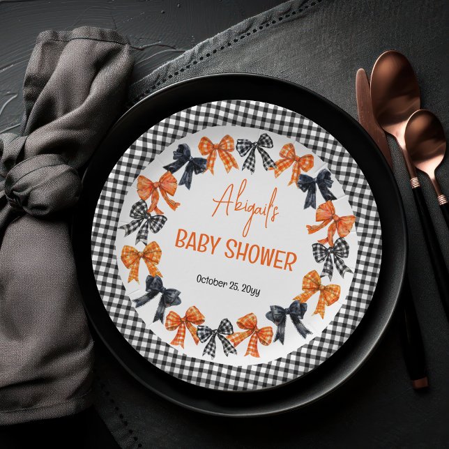 Prato De Papel Halloween Coquette Black | Chá de fraldas de Arcos (Halloween Coquette Black | Orange Bows Girl Baby Shower Paper Plates)