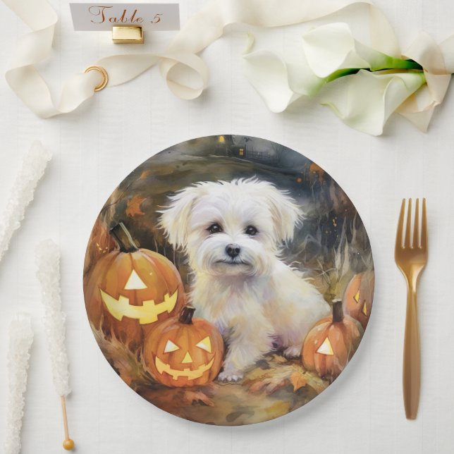Prato De Papel Halloween Coton De Tulear Com Pumpkins Assustado (Casamento)