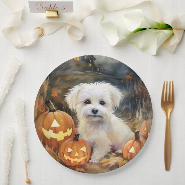 Prato De Papel Halloween Coton De Tulear Com Pumpkins Assustado (Casamento)