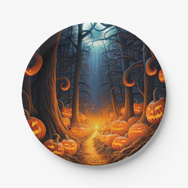 Prato De Papel Halloween Creepy Jack o Lantern Pumpkins (Frente)