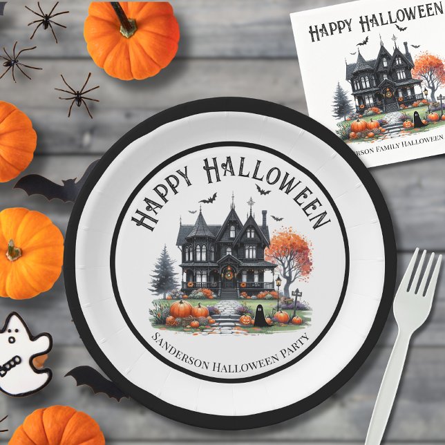 Prato De Papel Halloween da Casa Assombrada (Haunted House Halloween Paper Plates)
