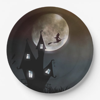 Prato De Papel Halloween de bruxa-lua cheia