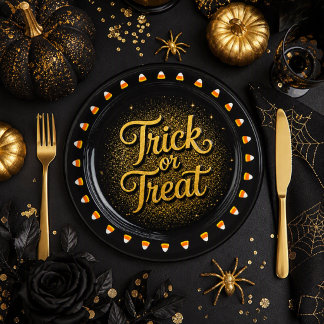 Prato De Papel Halloween Dourado Preto Doces‑ou‑Travessuras