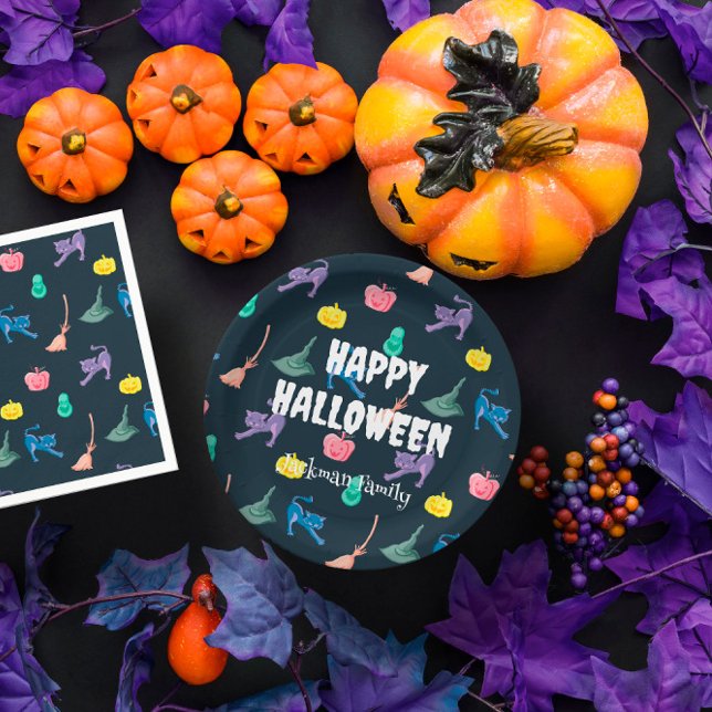 Prato De Papel Halloween fofo personalizável com morcegos e aranh (Cute Halloween customizable with bats and spiders Paper Plates)