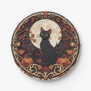 Prato De Papel Halloween Gato Preto Corte de Papel Vintage