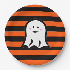 Prato De Papel Halloween Ghost on Black and Orange Stripes 