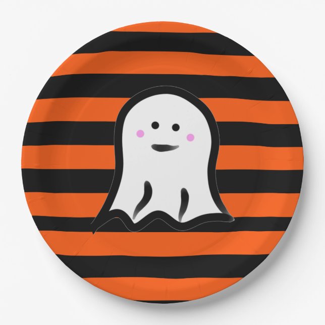 Prato De Papel Halloween Ghost on Black and Orange Stripes  (Frente)