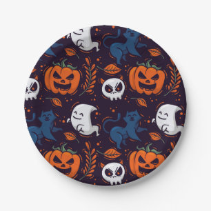 Prato De Papel Halloween Ghost Pumpkins, Skulls and Cats