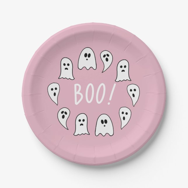 Prato De Papel Halloween Ghosts Boo Pink (Frente)