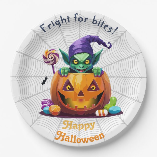 Prato De Papel Halloween Grimlin com truque ou doce tratado (Frente)