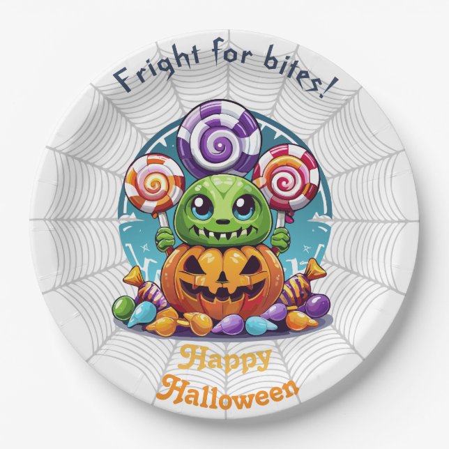 Prato De Papel Halloween Grimlin com truque ou doce tratado (Frente)