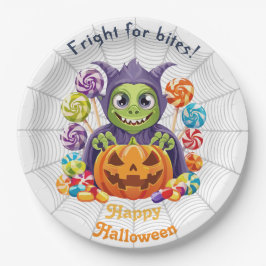 Prato De Papel Halloween Grimlin com truque ou doce tratado