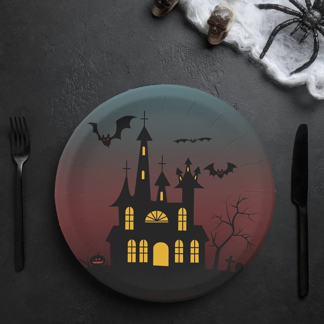 Prato De Papel Halloween Haunted House (Halloween Haunted House Paper Plates)